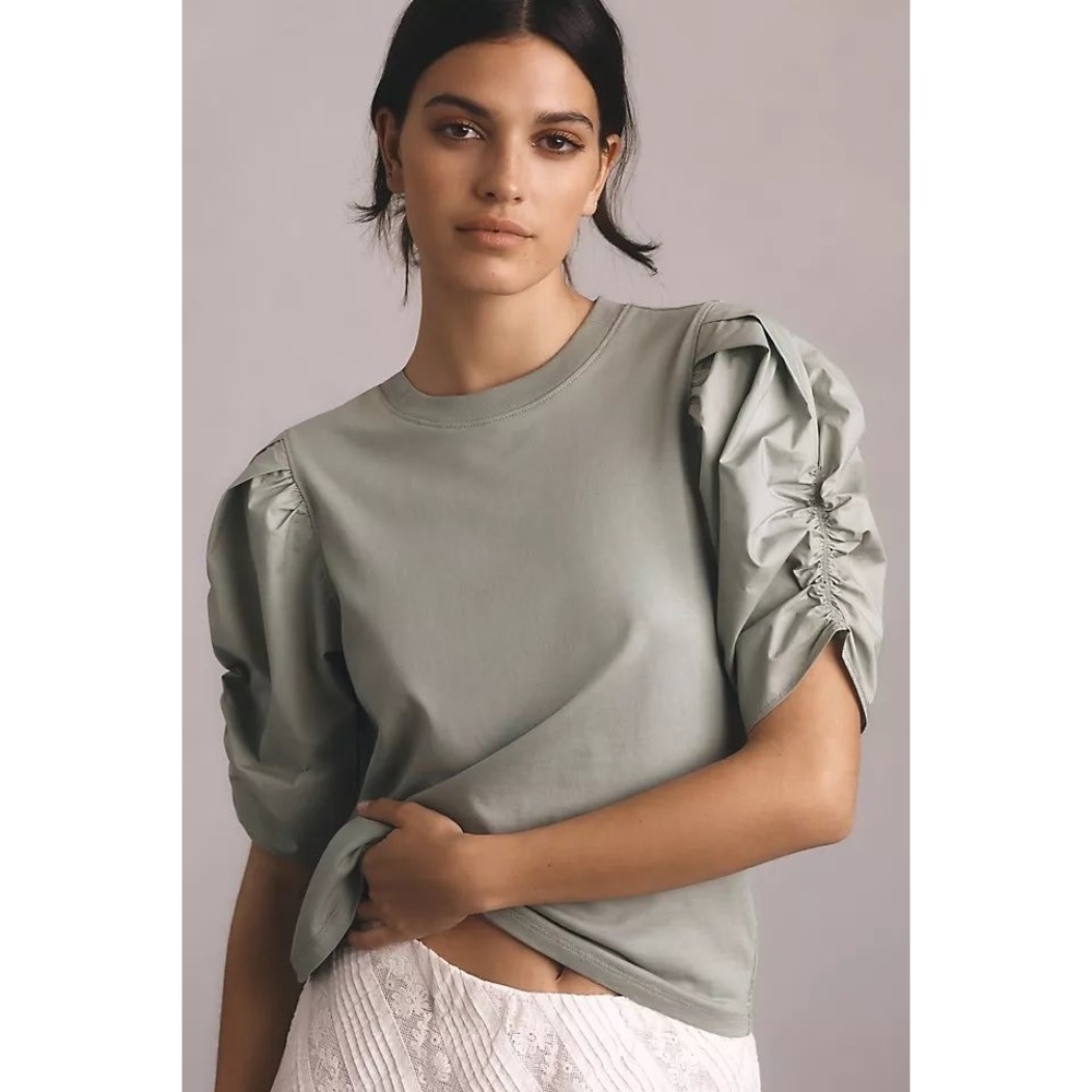 Anthropologie FRAME Sage Green Puff Sleeve Organic Cotton Tee Top Size Medium